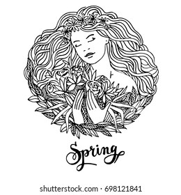 Vector image of a girl with a wreath in lines. Beautiful portrait of woman with flowers.