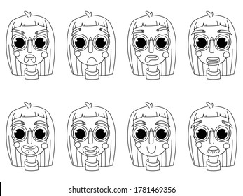 Vector image of a girl, young women, portrait. Drawing in a graphic style, stroke, lines, black and white, coloring. Different emotions on the face: fear, joy, anger, bewilderment, sadness, surprise.