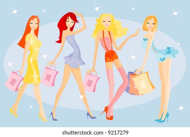 vector image of girls after shopping