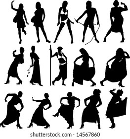 The vector image of girls in bathing suits and in dresses isolated on a background