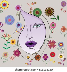 Vector image of girl's face in flowers
