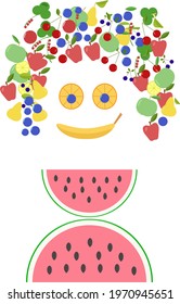 vector image of a girl's figure, composed of various fruits and berries - apples, pears, red currants, blueberries, cherries, watermelon, banana and orange