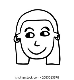 Vector image of a girl's head in earrings. Flower on the hat. Life emotions, good mood. For avatars, product design, printing on fabric, for stickers, designation of emotions.