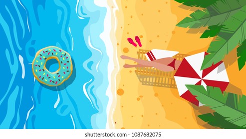 Vector image of a girl's leg lying on a lounger under an umbrella on the sea with an inflatable circle under the leaves of palms