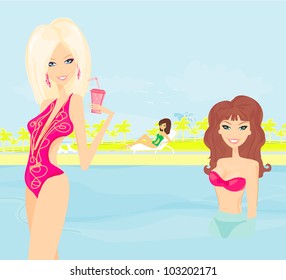 vector image of girls and tropical pool