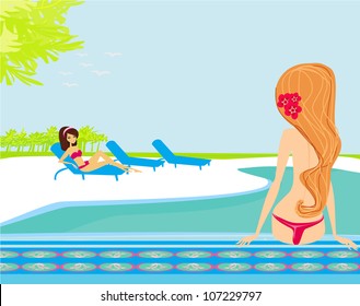 vector image of girls and tropical pool