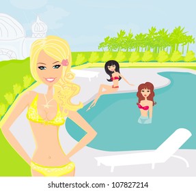 vector image of girls and tropical pool