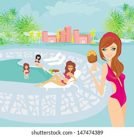 vector image of girls and tropical pool 