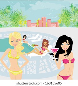vector image of girls and tropical pool 