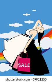 vector image of glad girl on rainbow after shopping