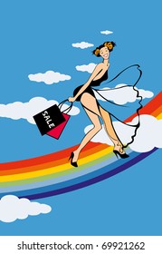vector image of glad girl on rainbow after shopping
