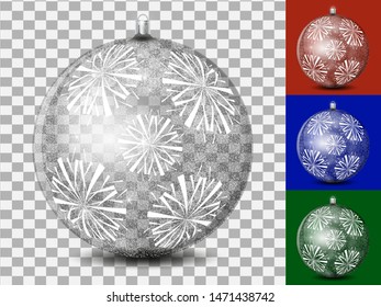 Vector image of a glass ball in an abstract background, as well as on a red, blue, green background. Christmas ball with a pattern of a snowstorm and large stylized snowflakes.