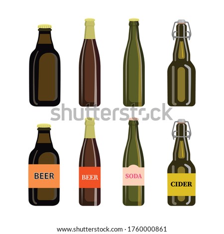 Vector image of a glass bottle with metal lids with labels, beer bottle, cider bottle, glass soda bottle.