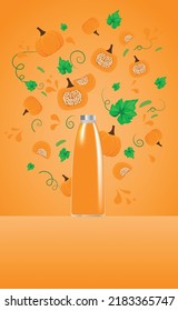 vector image of a glass bottle with orange juice. explosion of pumpkin and green leaves around pumpkin juice in a bottle.