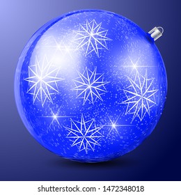 Vector image of a glass Christmas ball with a pattern of snowflakes and snowstorm. Blue ball for xmas tree on a blue background with a gradient. Element for New Year's design.