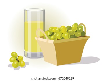 Vector image of glass of grapes juice, bunch of grapes, grapes in a basket