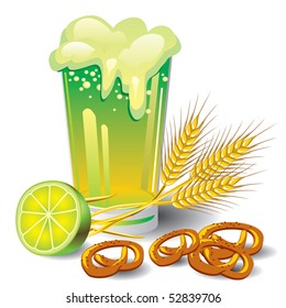 vector image of a glass of green beer with wheat, a slice of lime and snacks