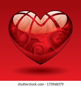 Imagen vectorial del corazón de vidrio y rosas rojas dentro de un fondo rojo oscuro