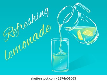 Vector image with glass jug from which lemonade is poured into glass. Illustration in retro style on blue background.