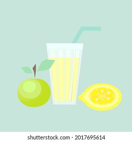 Vector image of a glass of lemonade with an apple and a lemon