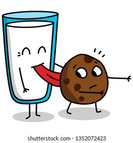 Vector image of a glass with milk and cookies. Emotions, feelings, situations between characters. Illustration for postcard, packaging material, poster. A glass of milk licked the cookie tongue.