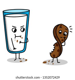 Vector image of a glass with milk and cookies. Emotions, feelings, situations between characters. Illustration for postcard, package, poster. A glass of milk bitten by a cookie. Bitten biscuits.