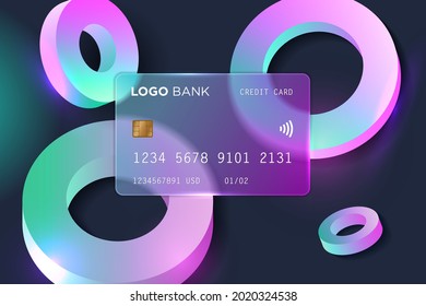 Vector image in the glass morphism style. Translucent bank card, frosted glass and ring shapes. Place for your text.