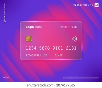 Vector image in the glass morphism style. Translucent bank card, frosted glass and abstract shapes. Place for your text.