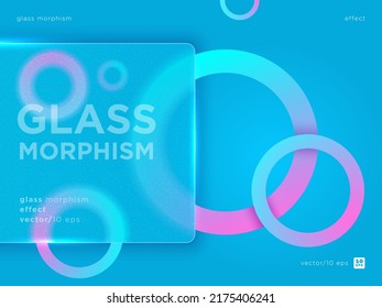 Vector image in the glass morphism style. Translucent Rounded rectangle with grain texture. Frosted glass and abstract rings. Place for your text.