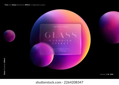 Vector image in the glass morphism style. Translucent frosted glass plate and fantastic planets.