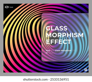 Vector image in the glass morphism style.  Frosted glass and abstract multicolor rings. Place for your text.