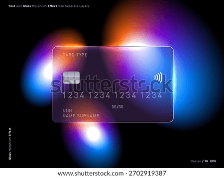 Vector image in the glass morphism style. Translucent bank card, frosted glass and color spot lights. Place for your text.