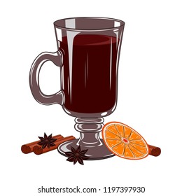 Vector image of a glass of mulled wine with orange and cinnamon.