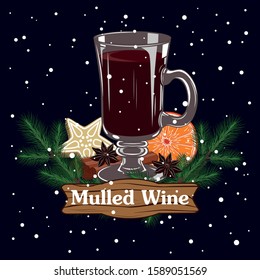Vector image of a glass of mulled wine on a blue background with snowflakes.