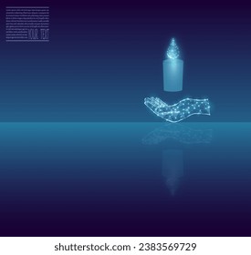 Vektorbild eines Glases auf einer Hand mit Spiegelreflexion auf blauem Hintergrund.