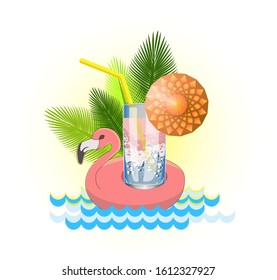 Vector image of a glass glass with a refreshing cocktail with an umbrella and a straw, appreciating freshness on a sultry day.