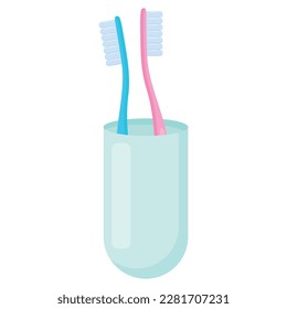 Imagen vectorial de un vaso con cepillos de dientes. Artículos de higiene y baños. El concepto de limpieza y autocuidado Los bonitos elementos para tu diseño.