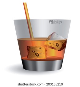 Vector image of a glass of whiskey with ice cubes and tube
