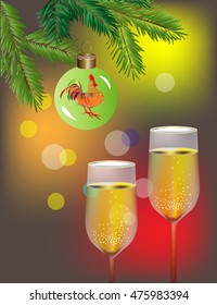 Vector image of glasses of champagne, fir tree branches and Christmas decorations.Postcard for the New Year.