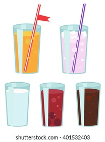 vector image of glasses with different drinks - juice, milk, tea, cocktail
