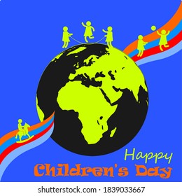Vector image of globe and colorful ribbons with silhouettes of children playing