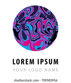 Vector image of globe with glitched colorful violet surface, vortex and swirls. Logotype template.