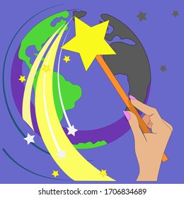 Vector image of a globe and a magic wand in a female hand.