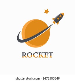 Vector image of a globe of orange color. Around which a gray rocket flies and leaves a gray mark behind it. A rocket flies up into space to a star. Symbolizes moving forward towards a difficult goal.