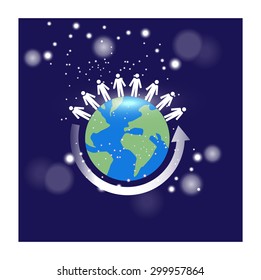 Vector image of globe with people on top and an arrow circling in an illuminated setting surrounded by stars or bright lights