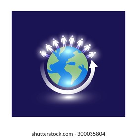 Vector image of globe with people on top and an arrow circling in an illuminated setting 