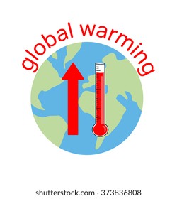Vector image of a globe, thermometer, an upwards arrow and the words global warming