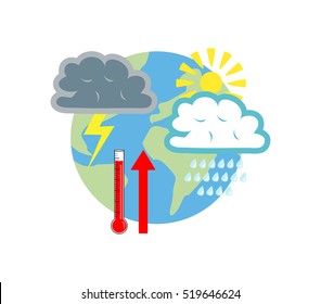 Vector image of the globe with weather symbols and a thermometer with an upwards arrow