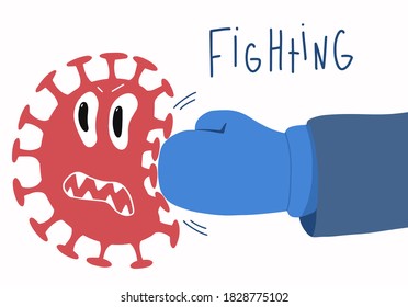 Vector image of glove fighting against scared corona virus on white background