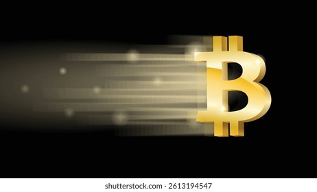 Vector image of a glowing golden Bitcoin symbol flying through dark space. Futuristic cryptocurrency design on a black background.
